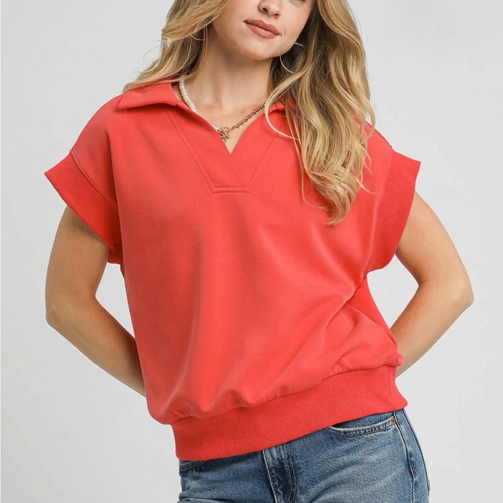 New Umgee Luxe Knit Collared Short Sleeve Polo Sweatshirt M